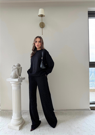 TAŞLI OVERSİZE SWEAT VE PANTOLONLU MODAL İKİLİ TAKIM SİYAH 2003