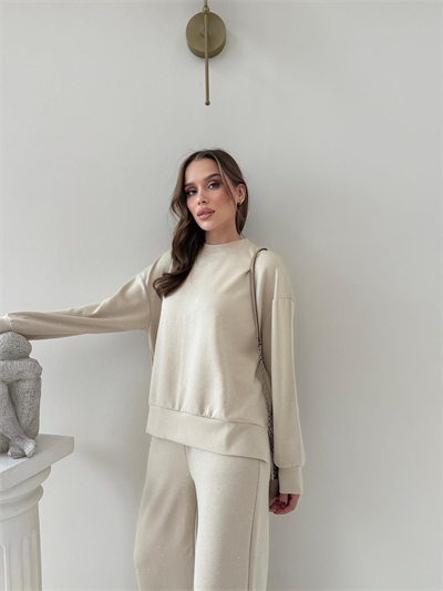 TAŞLI OVERSİZE SWEAT VE PANTOLONLU MODAL İKİLİ TAKIM BEJ 2003