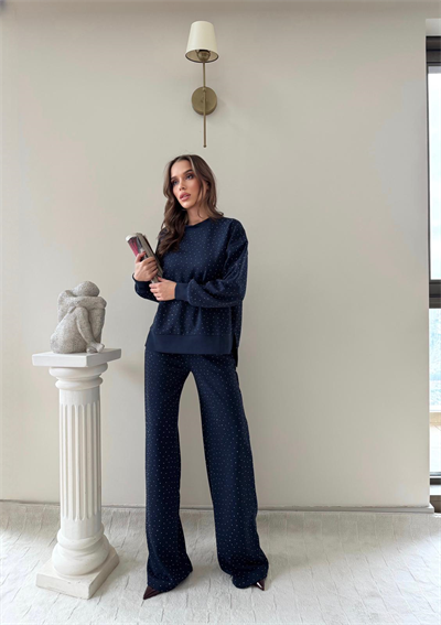 TAŞLI OVERSİZE SWEAT VE PANTOLONLU MODAL İKİLİ TAKIM LACİVERT 2003