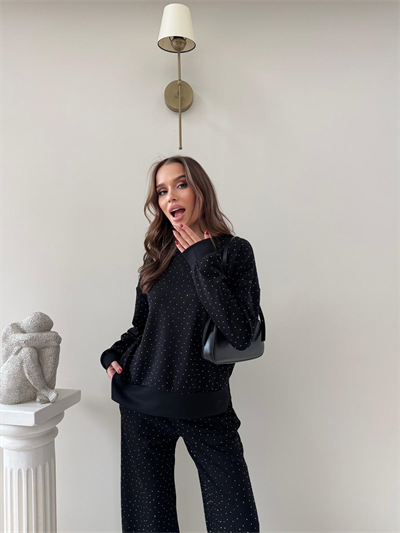 TAŞLI OVERSİZE SWEAT VE PANTOLONLU MODAL İKİLİ TAKIM SİYAH 2003