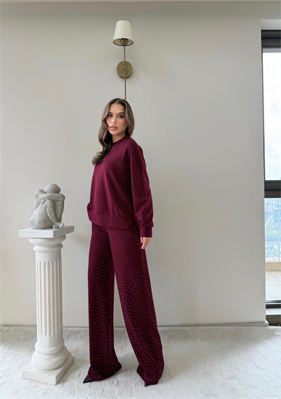 TAŞLI OVERSİZE SWEAT VE PANTOLONLU MODAL İKİLİ TAKIM BORDO 2003