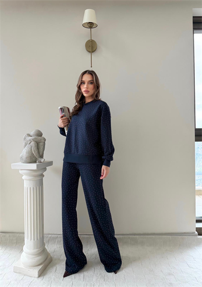 TAŞLI OVERSİZE SWEAT VE PANTOLONLU MODAL İKİLİ TAKIM LACİVERT 2003