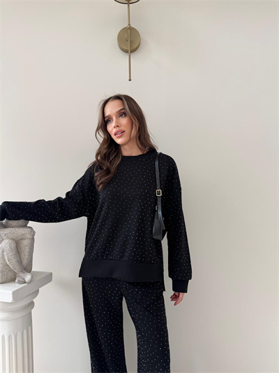 TAŞLI OVERSİZE SWEAT VE PANTOLONLU MODAL İKİLİ TAKIM SİYAH 2003