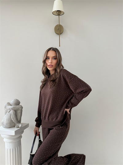 TAŞLI OVERSİZE SWEAT VE PANTOLONLU MODAL İKİLİ TAKIM 2003KAHVE