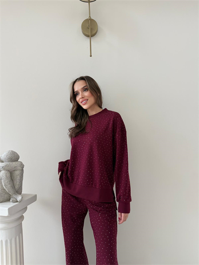 TAŞLI OVERSİZE SWEAT VE PANTOLONLU MODAL İKİLİ TAKIM BORDO 2003