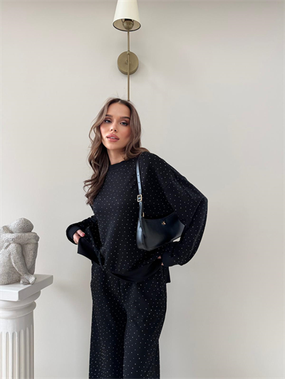 TAŞLI OVERSİZE SWEAT VE PANTOLONLU MODAL İKİLİ TAKIM SİYAH 2003