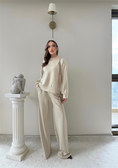 TAŞLI OVERSİZE SWEAT VE PANTOLONLU MODAL İKİLİ TAKIM BEJ 2003
