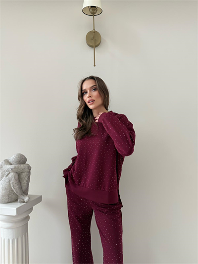 TAŞLI OVERSİZE SWEAT VE PANTOLONLU MODAL İKİLİ TAKIM BORDO 2003