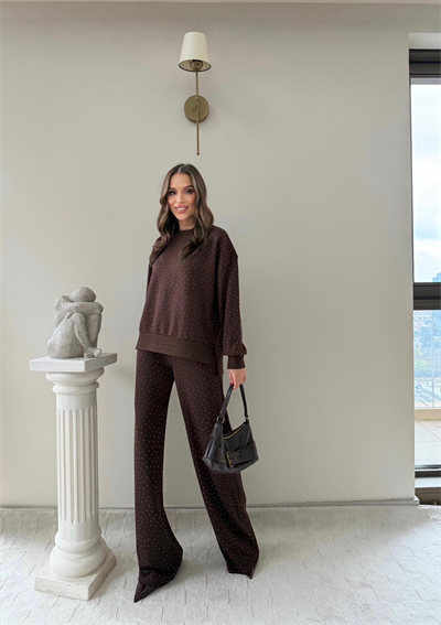 TAŞLI OVERSİZE SWEAT VE PANTOLONLU MODAL İKİLİ TAKIM 2003KAHVE