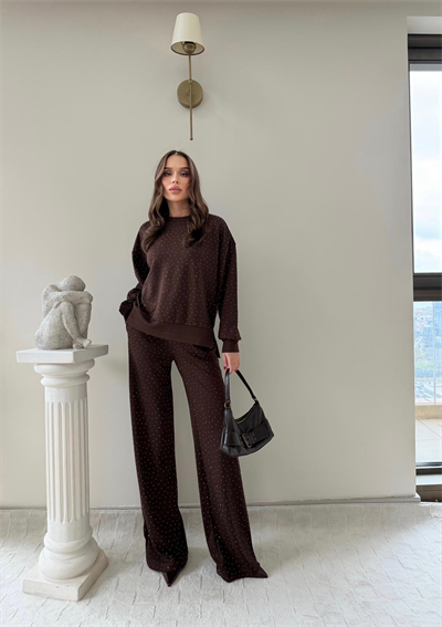 TAŞLI OVERSİZE SWEAT VE PANTOLONLU MODAL İKİLİ TAKIM 2003KAHVE