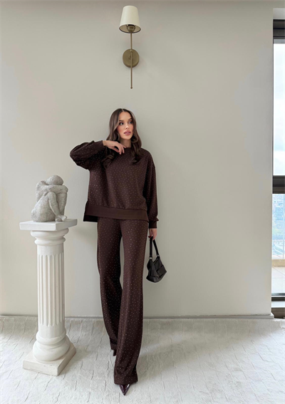 TAŞLI OVERSİZE SWEAT VE PANTOLONLU MODAL İKİLİ TAKIM 2003KAHVE