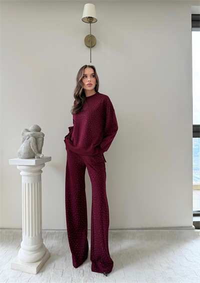 TAŞLI OVERSİZE SWEAT VE PANTOLONLU MODAL İKİLİ TAKIM BORDO 2003