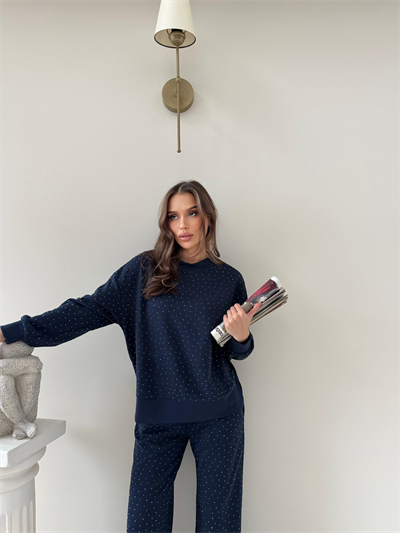TAŞLI OVERSİZE SWEAT VE PANTOLONLU MODAL İKİLİ TAKIM LACİVERT 2003