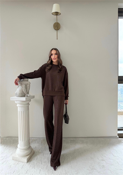 TAŞLI OVERSİZE SWEAT VE PANTOLONLU MODAL İKİLİ TAKIM 2003KAHVE