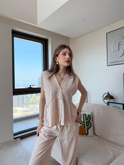 Tek Düğme Detay Bel Volanlı Bluz ve Pantolonlu Keten İkili Takım Bej 2265