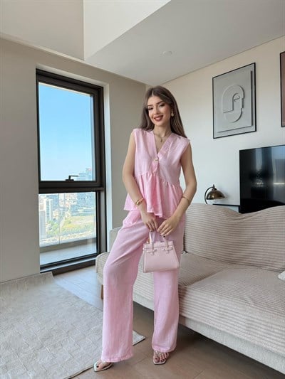 Tek Düğme Detay Bel Volanlı Bluz ve Pantolonlu Keten İkili Takım Pembe 2265