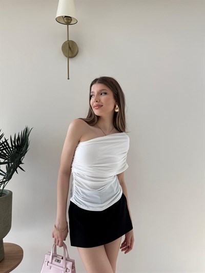 Tek Omuz Bel Drape Detay Sandy Bluz Beyaz 2209