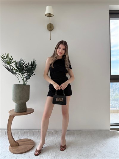Tek Omuz Bel Drape Detay Sandy Bluz Siyah 2209
