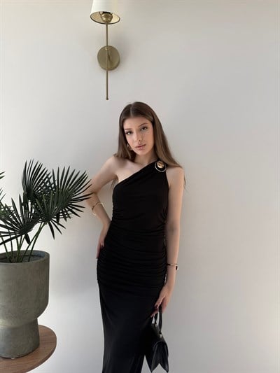 Tek Omuz Drape Aksesuar Detay Sandy Elbise Siyah 2324