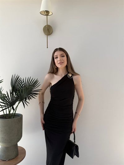 Tek Omuz Drape Aksesuar Detay Sandy Elbise Siyah 2324