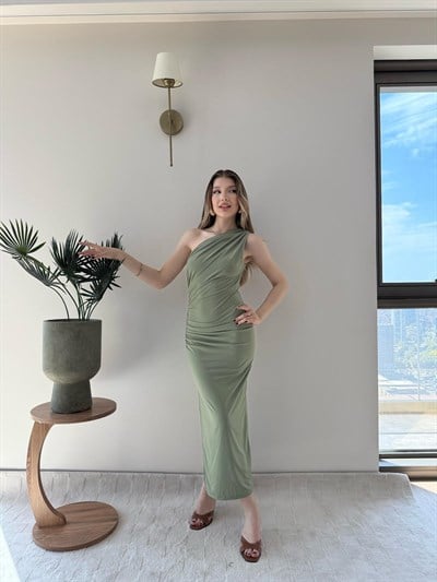 Tek Omuz Drape ve Yırtmaç Detay Sandy Elbise Haki 2187