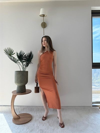 Tek Omuz Drape ve Yırtmaç Detay Sandy Elbise Turuncu 2187
