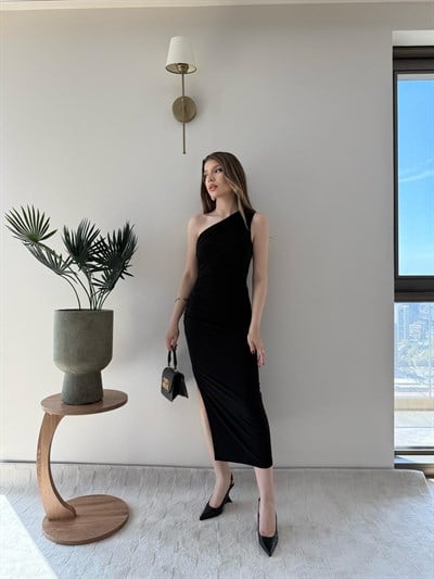 Tek Omuz Drape ve Yırtmaç Detay Sandy Elbise Siyah 2187