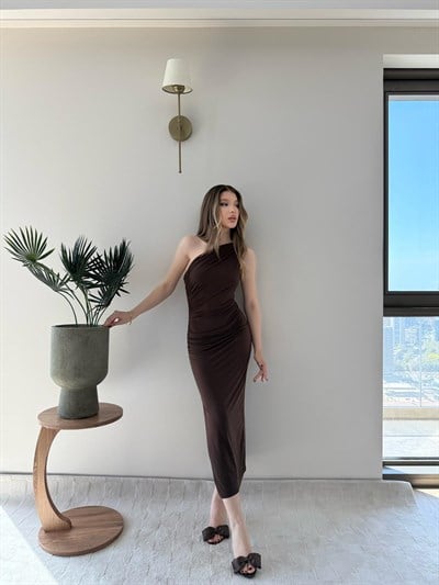 Tek Omuz Drape ve Yırtmaç Detay Sandy Elbise Acı Kahve 2187