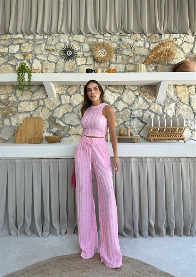 Ters Dikiş Detay Halter Bluz ve Pantolonlu Gofre İkili Takım Pembe 2098
