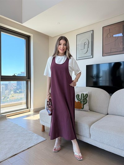 Tişört ve Askılı Salaş Modal Elbise Bordo 2281