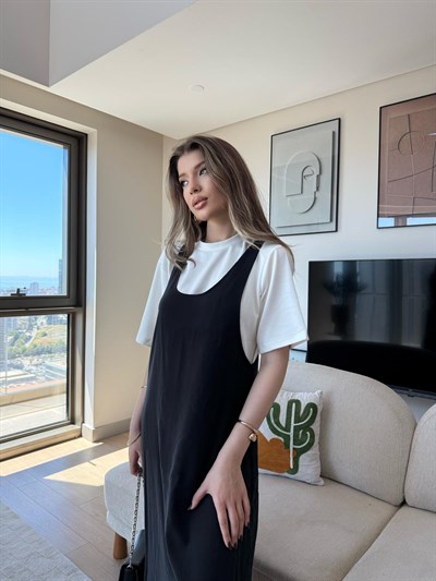 Tişört ve Askılı Salaş Modal Elbise Siyah 2281