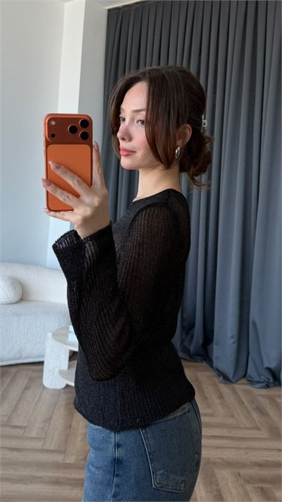 Transparan Triko Bluz Siyah 2404