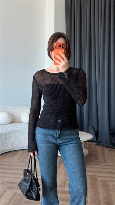 Transparan Triko Bluz Siyah 2404