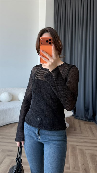Transparan Triko Bluz Siyah 2404