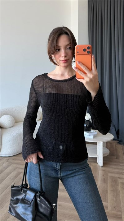 Transparan Triko Bluz Siyah 2404