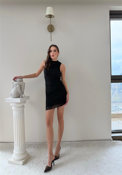 TÜL ASTARLI SIFIR KOL DRAPELİ ELBİSE SİYAH 2011