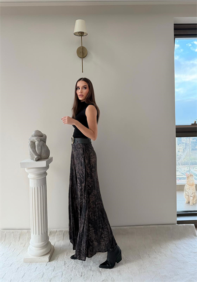 Tül Desenli İç Astarlı Kemer Detay Etek Kahve 2037