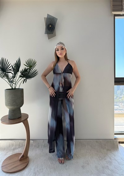 Tül Desenli İkili Plaj Takım Mavi 2355