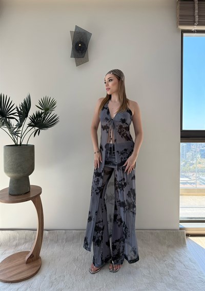 Tül Desenli İkili Plaj Takım Mavi Siyah 2355