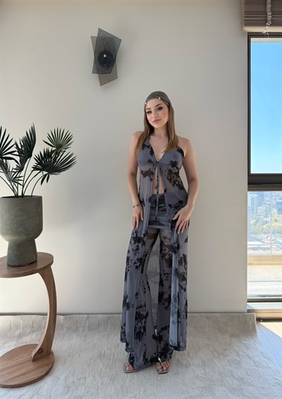 Tül Desenli İkili Plaj Takım Mavi Siyah 2355