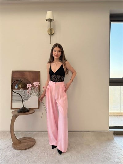 Üç Pile Palazzo Tensel Kumaş Pantolon Pembe 2133