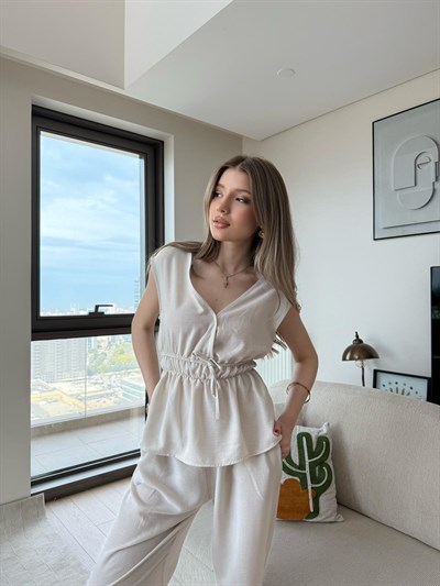 V Yaka Bel Büzgü Bağlama Detay Bluz ve Pantolonlu Keten İkili Takım Bej 2223