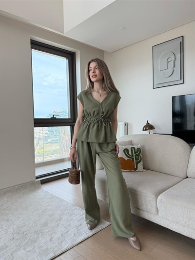 V Yaka Bel Büzgü Bağlama Detay Bluz ve Pantolonlu Keten İkili Takım Haki 2223