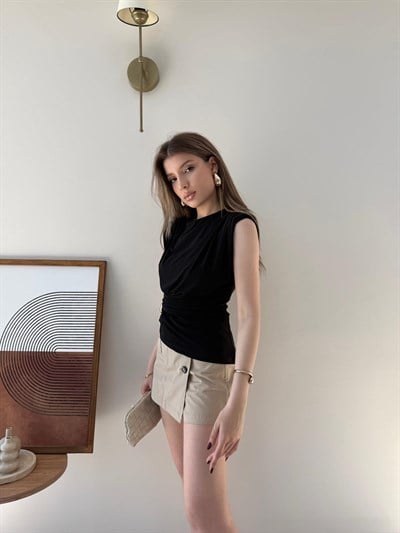 Vatkalı Bel Drape Aksesuar Detay Sandy Bluz Siyah 2303