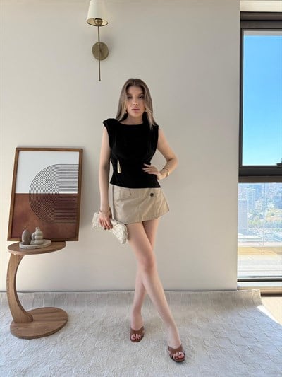 Vatkalı Bel Drape Aksesuar Detay Sandy Bluz Siyah 2303