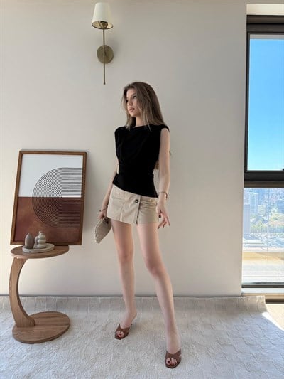 Vatkalı Bel Drape Aksesuar Detay Sandy Bluz Siyah 2303