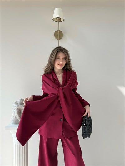 Yaka Atkı Bağlama Detay Ceket Ve Pantolonlu Double Kumaş İkili Takım Bordo 2117