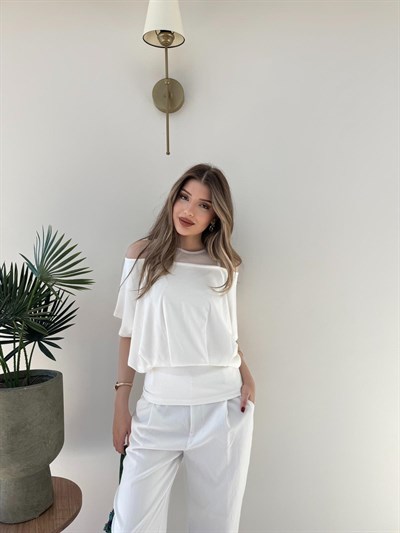 Yaka Detay Bel Drape Modal Tişört Beyaz 2252
