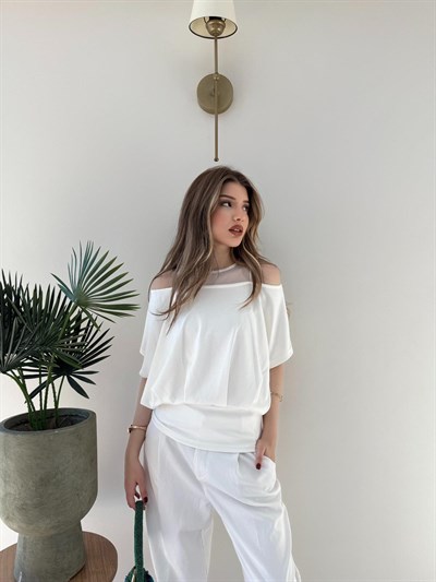 Yaka Detay Bel Drape Modal Tişört Beyaz 2252