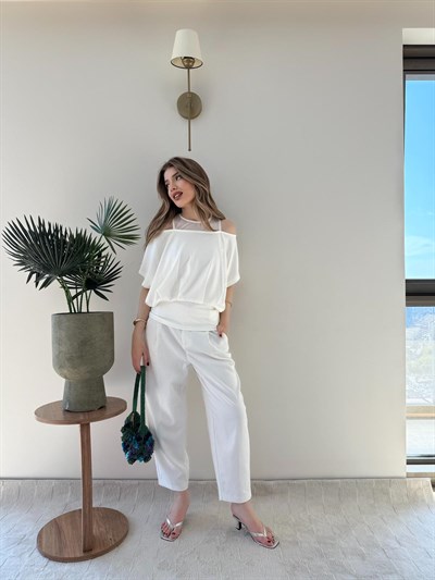 Yaka Detay Bel Drape Modal Tişört Beyaz 2252
